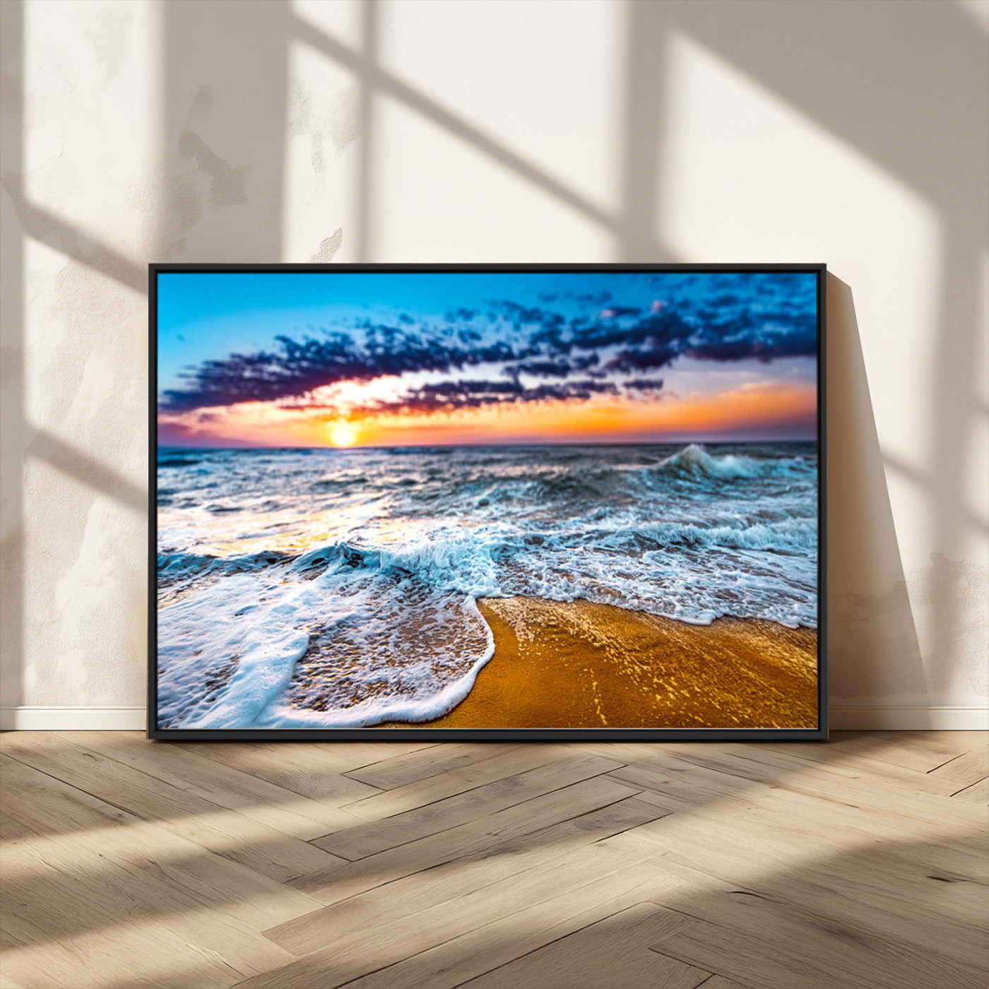 24077769-MGV-CV-36X24-Sunset Beach Wall Art – Ocean Waves Canvas Print, Golden Shoreline Photography Coastal Decor for Living Room, Bedroom, Office,