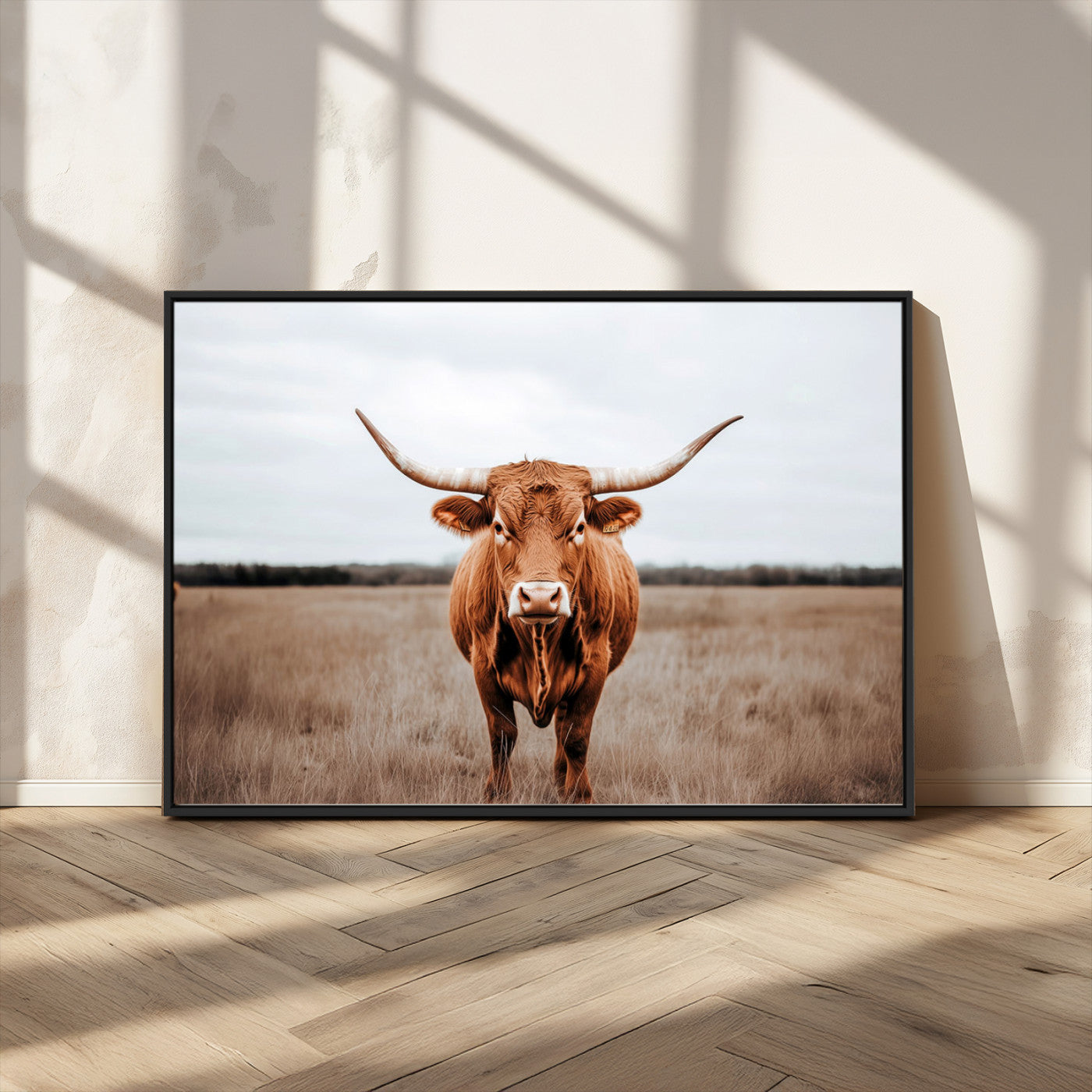 16316734-MGV-CV-36X24-Texas Longhorn Wall Art – Rustic Bull Portrait Canvas Print, Western Farmhouse Animal Photography Decor for Living Room, Office,