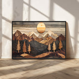 90044381-MGV-CV-36X24-Rustic Wall Art – Wooden Mountain Landscape with Sun and Pine Trees, Handcrafted Nature Canvas Style Decor for Bedroom, Living