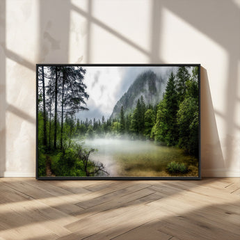 93123937-MGV-CV-36X24-Landscape Wall Art – Misty Mountain Lake Canvas Print, Tranquil Forest and Waterfall Photography Decor for Bedroom, Living Room,