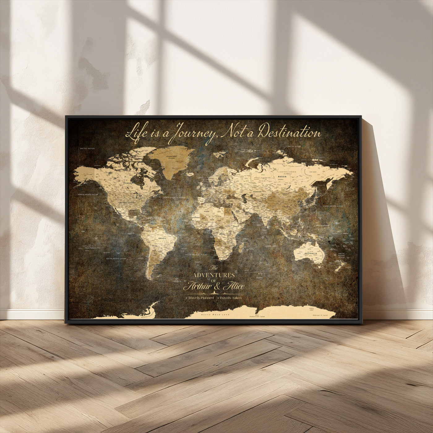 13394308-MGV-CV-36X24-Personalized World Map Wall Art – Dark Rustic Vintage Adventure Travel Map with Custom Couple Names, Timeless Wall Decor for Home