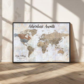 30792405-MGV-CV-36X24-Personalized World Map Wall Art – Rustic Beige Adventure Travel Map with Custom Couple Names, Vintage Wall Decor for Home or