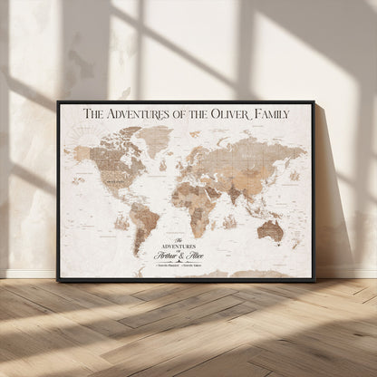 43869621-MGV-FC-36X24_Black-Personalized World Map Wall Art – Light Beige Sepia Adventure Travel Map with Custom Family or Couple Names, Rustic Wall Decor for