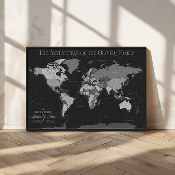 46064114-MGV-CV-36X24-Personalized World Map Wall Art – Black & Grey Adventure Travel Map with Custom Family or Couple Names, Modern Wall Decor for Home
