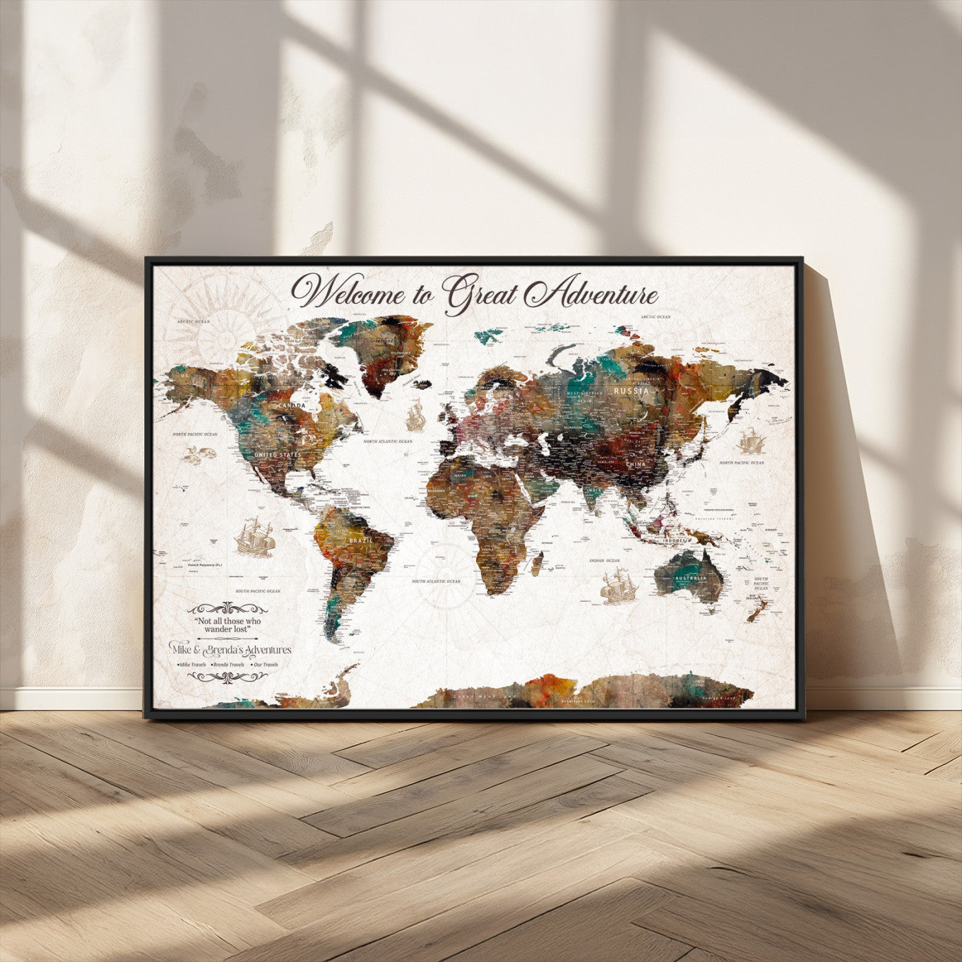 67029173-MGV-CV-36X24-Personalized World Map Wall Art – Colorful Vintage Adventure Travel Map with Custom Couple Names, Rustic Wall Decor for Home,