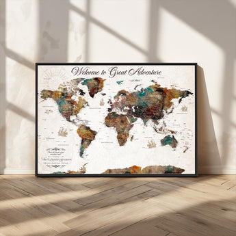 67029173-MGV-CV-36X24-Personalized World Map Wall Art – Colorful Vintage Adventure Travel Map with Custom Couple Names, Rustic Wall Decor for Home,