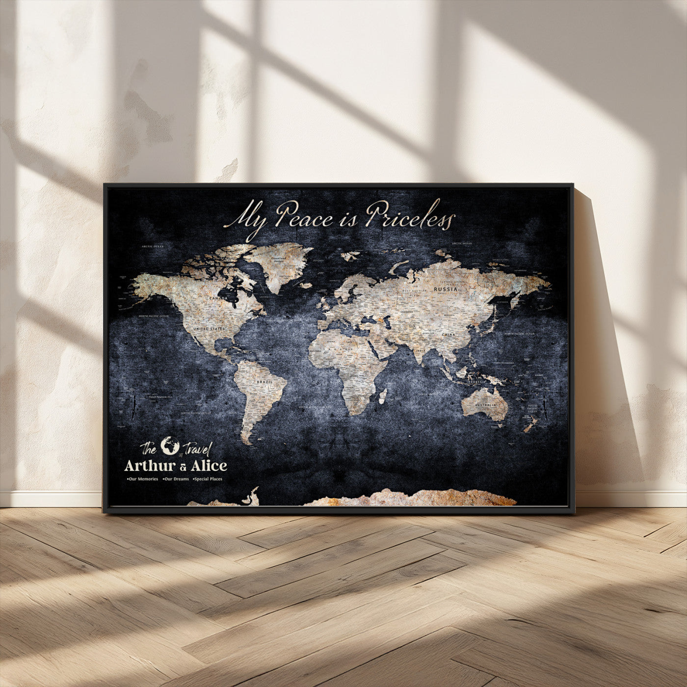 85403043-MGV-FC-36X24_Black-Personalized World Map Wall Art – Dark Blue Rustic Adventure Map with Custom Couple Names, Vintage Wall Decor for Home or Travel