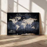 85403043-MGV-FC-36X24_Black-Personalized World Map Wall Art – Dark Blue Rustic Adventure Map with Custom Couple Names, Vintage Wall Decor for Home or Travel