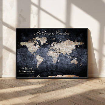 85403043-MGV-FC-36X24_Black-Personalized World Map Wall Art – Dark Blue Rustic Adventure Map with Custom Couple Names, Vintage Wall Decor for Home or Travel