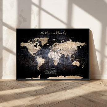 51488142-MGV-CV-36X24-Personalized World Map Wall Art – Dark Rustic Adventure Travel Map with Custom Names, Vintage Wall Decor for Couples, Families or