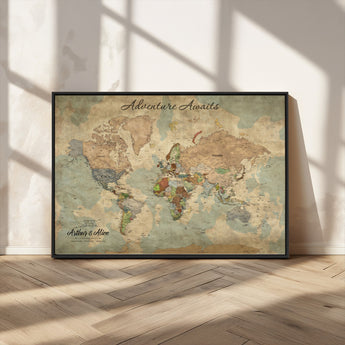62500285-MGV-CV-36X24-Personalized World Map Wall Art – Rustic Watercolor Adventure Awaits Travel Map with Custom Couple Names, Vintage Wall Decor for