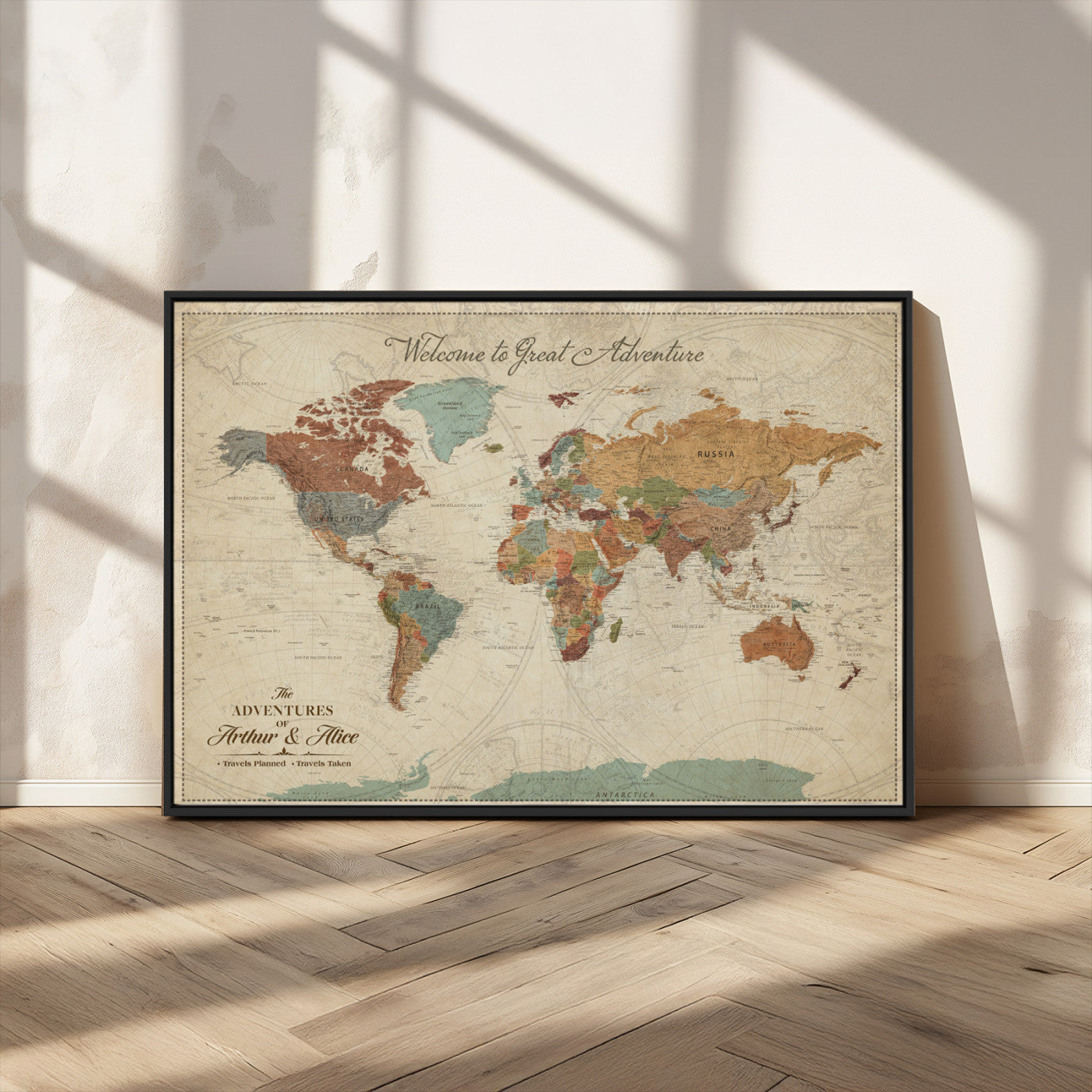 43497401-MGV-CV-36X24-Personalized World Map Wall Art – Vintage Rustic Adventure Travel Map with Custom Couple Names, Welcome to Great Adventure Wall
