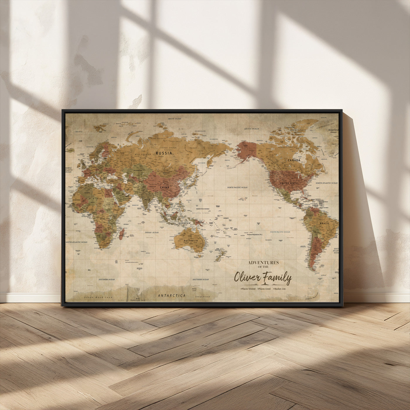 31874045-MGV-CV-36X24-Personalized World Map Wall Art – Vintage Earth Tone Adventure Map with Custom Family Names, Rustic Travel Decor for Home, Couples