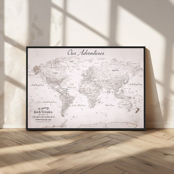 11706567-MGV-CV-36X24-Personalized World Map Wall Art – Minimalist Beige Adventure Travel Map with Custom Names, Elegant Push Pin Canvas for Couples,