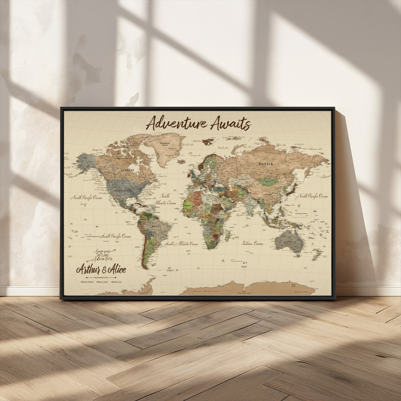 53442996-MGV-FC-36X24_Black-Personalized World Map Wall Art – Adventure Awaits Vintage Travel Map with Custom Couple Names, Rustic Wall Decor for Home,