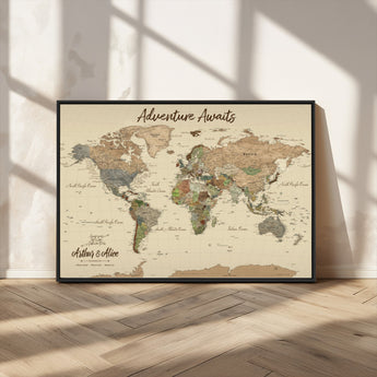 53442996-MGV-FC-36X24_Black-Personalized World Map Wall Art – Adventure Awaits Vintage Travel Map with Custom Couple Names, Rustic Wall Decor for Home,