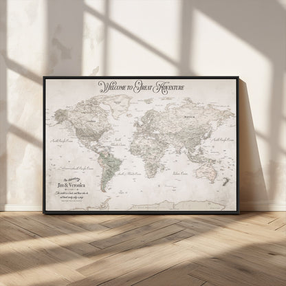 93034948-MGV-CV-36X24-Personalized World Map Wall Art – Vintage Beige Adventure Travel Map with Custom Names, Elegant Push Pin Canvas for Couples,