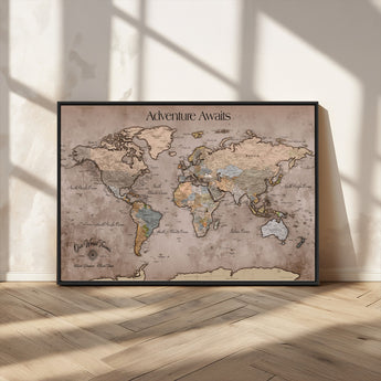 93226713-MGV-CV-36X24-Personalized World Map Wall Art – Adventure Awaits Rustic Earth-Tone Travel Map with Custom Names, Vintage Wall Decor for Couples,