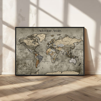 72658967-MGV-CV-36X24-Personalized World Map Wall Art – Adventure Awaits Rustic Sepia Travel Map with Custom Names, Vintage Wall Decor for Couples, Home