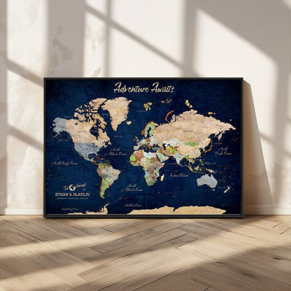 80965072-MGV-CV-36X24-Personalized World Map Wall Art – Adventure Awaits Navy Blue Travel Map with Custom Names, Rustic Vintage Wall Decor for Couples,