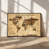 50680593-MGV-CV-36X24-Personalized World Map Wall Art – Rustic Brown Adventure Travel Map with Custom Names, Elegant Push Pin Canvas for Couples Home,