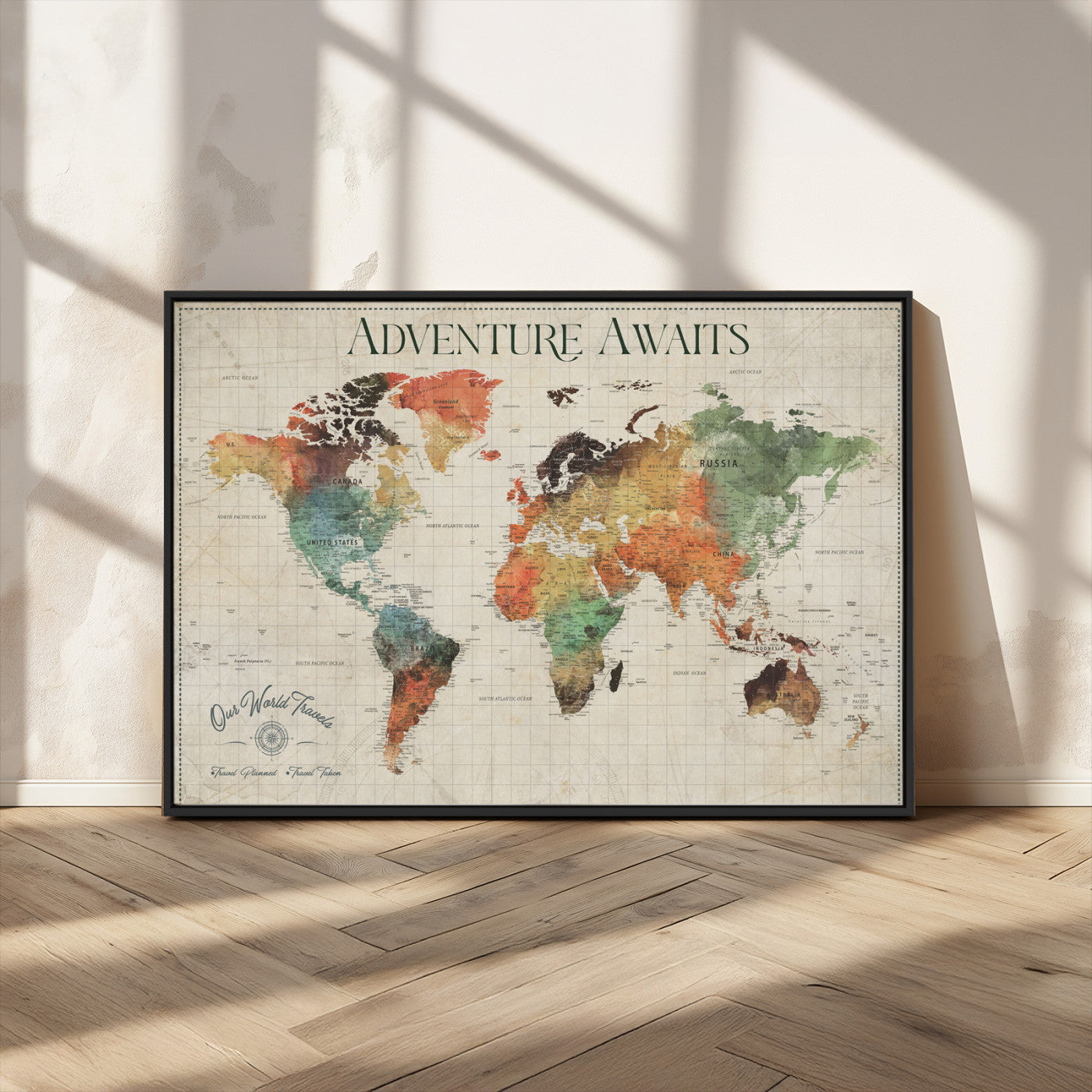 24737989-MGV-CV-36X24-Personalized World Map Wall Art – Colorful Vintage Adventure Travel Map with Custom Names, Unique Wall Decor for Couples,