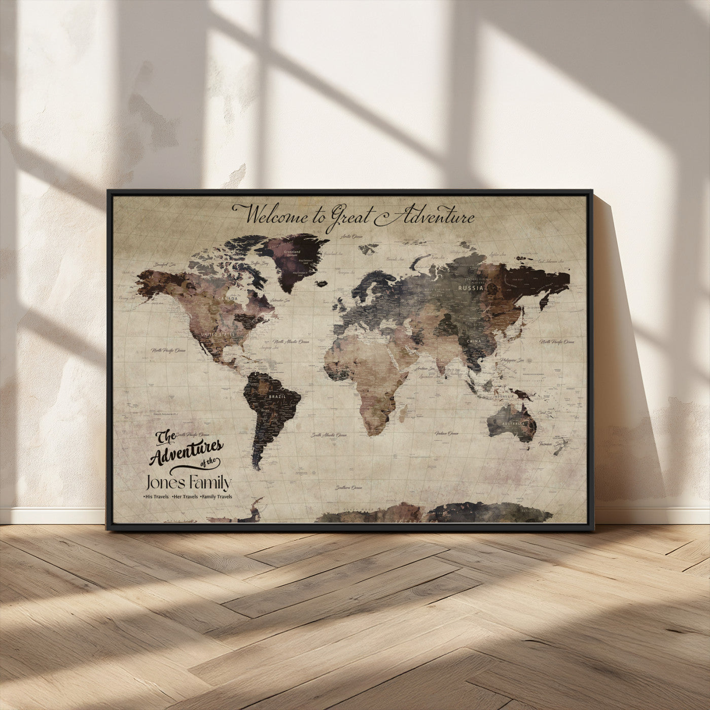 78610079-MGV-CV-36X24-Personalized World Map Wall Art – Vintage Rustic Travel Map with Custom Family Name, Adventure Wall Decor for Home, Family Gift or