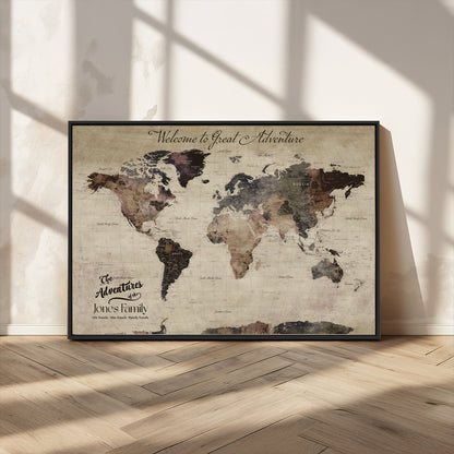 78610079-MGV-CV-36X24-Personalized World Map Wall Art – Vintage Rustic Travel Map with Custom Family Name, Adventure Wall Decor for Home, Family Gift or