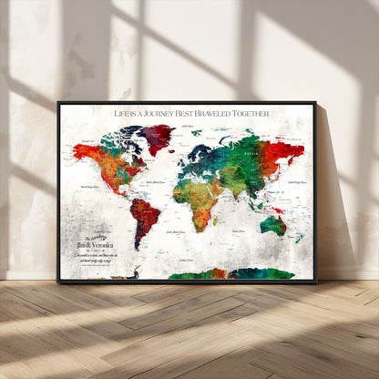95876117-MGV-FC-36X24_Black-Personalized World Map Wall Art – Colorful Watercolor Travel Map with Custom Names, Romantic Wall Decor for Couples, Wedding or