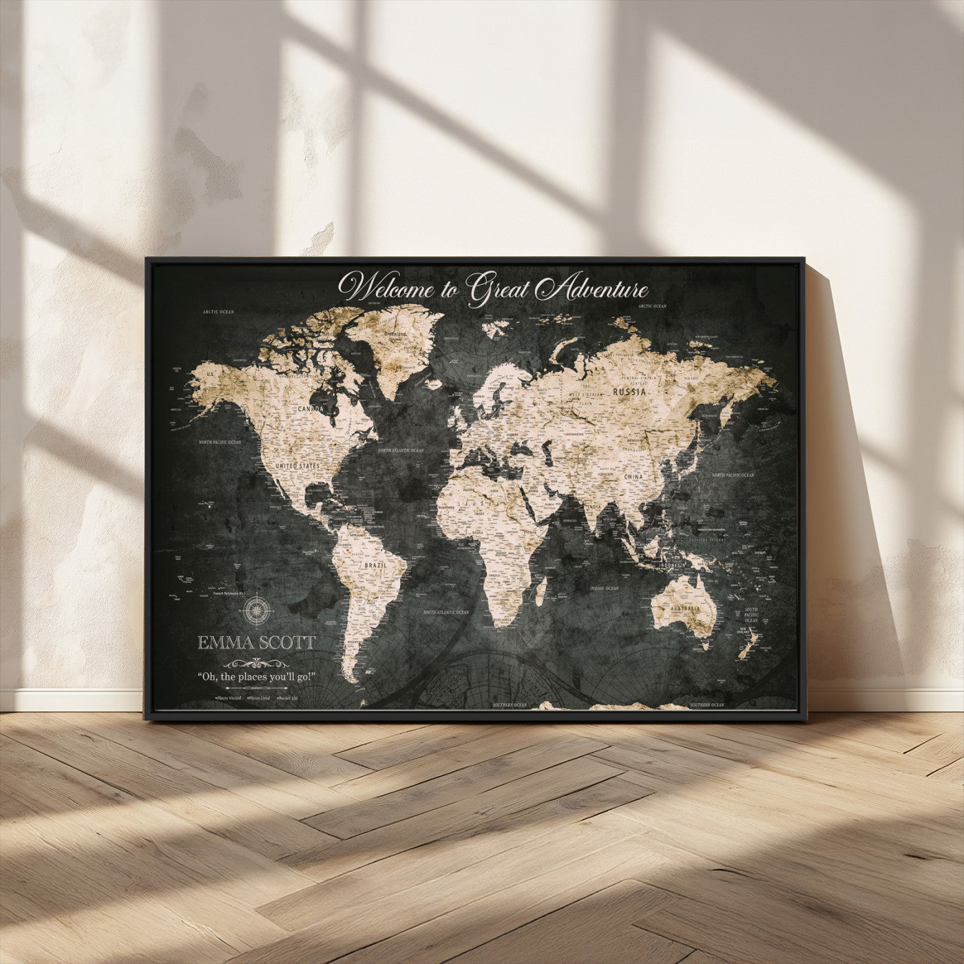 70534097-MGV-CV-36X24-Personalized World Map Wall Art – Dark Vintage Adventure Style Travel Map with Custom Names, Unique Wall Decor for Couples, Home