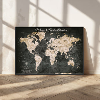 70534097-MGV-CV-36X24-Personalized World Map Wall Art – Dark Vintage Adventure Style Travel Map with Custom Names, Unique Wall Decor for Couples, Home