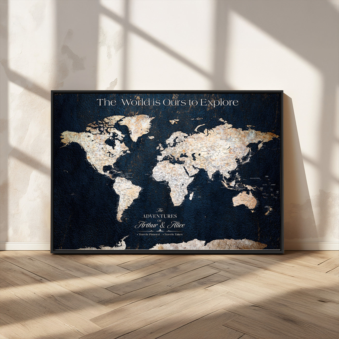 13231361-MGV-CV-36X24-Personalized World Map Wall Art – Navy Blue Vintage Adventure Travel Map with Custom Names, Elegant Push Pin Canvas for Couples