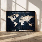 13231361-MGV-CV-36X24-Personalized World Map Wall Art – Navy Blue Vintage Adventure Travel Map with Custom Names, Elegant Push Pin Canvas for Couples
