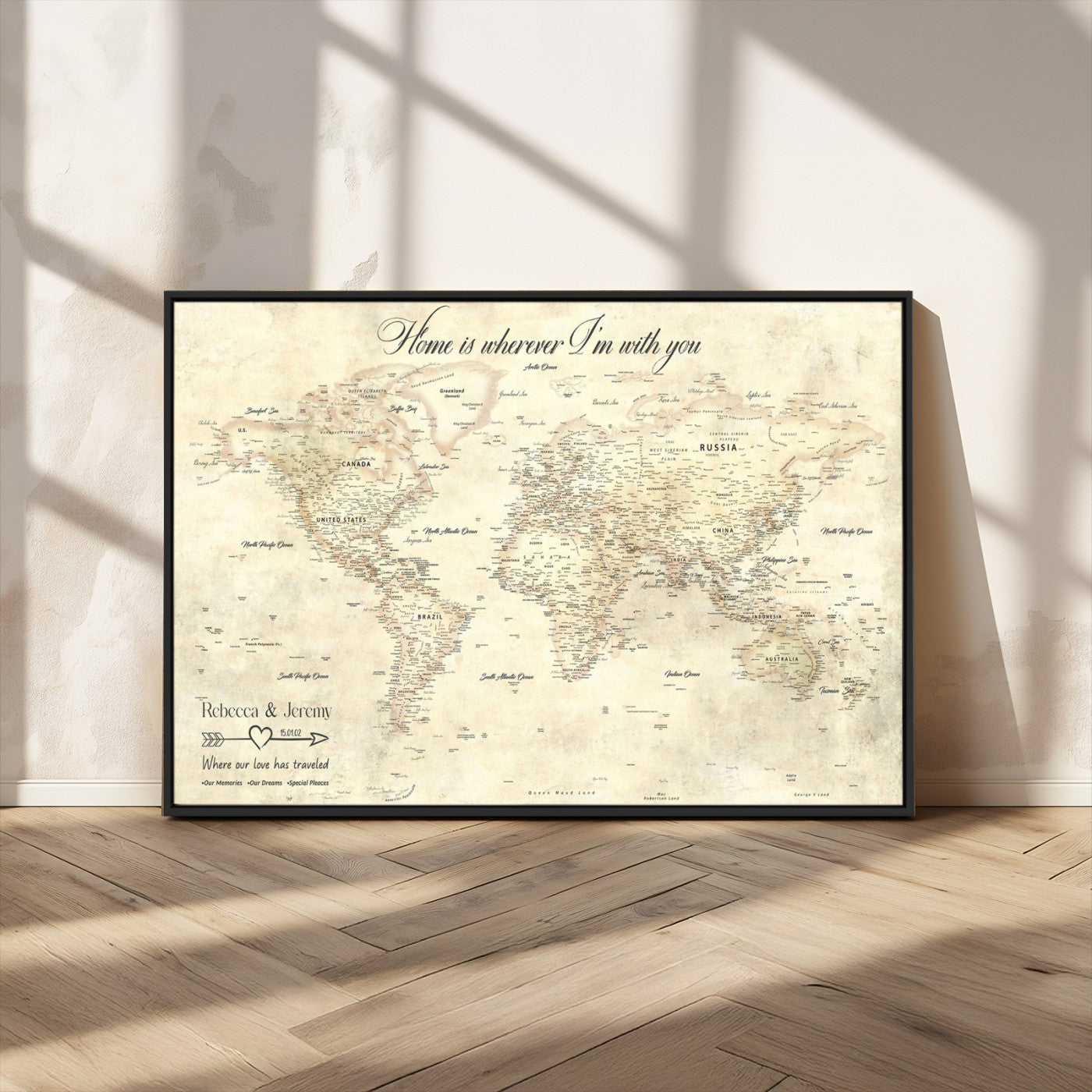 57950315-MGV-CV-36X24-Personalized World Map Wall Art – Vintage Beige Travel Map with Custom Names, Romantic Anniversary Gift for Couples, Adventure