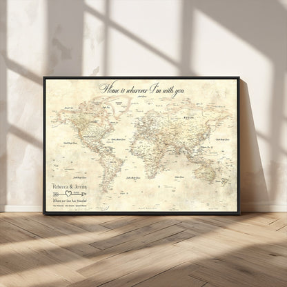 57950315-MGV-CV-36X24-Personalized World Map Wall Art – Vintage Beige Travel Map with Custom Names, Romantic Anniversary Gift for Couples, Adventure