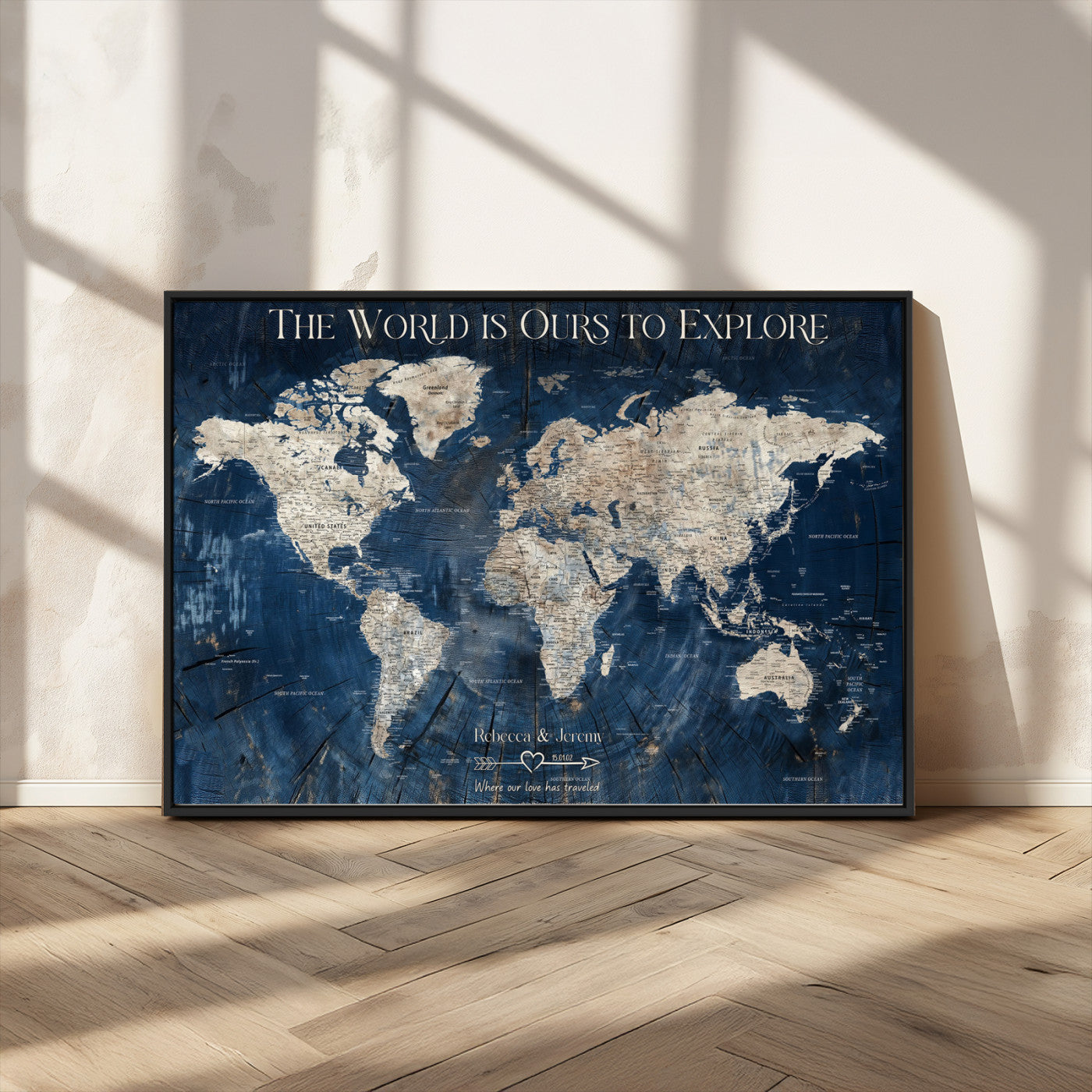 16933330-MGV-FC-36X24_Black-Personalized World Map Wall Art – Navy Blue Vintage Travel Map with Custom Names, Anniversary Gift for Couples Romantic Adventure
