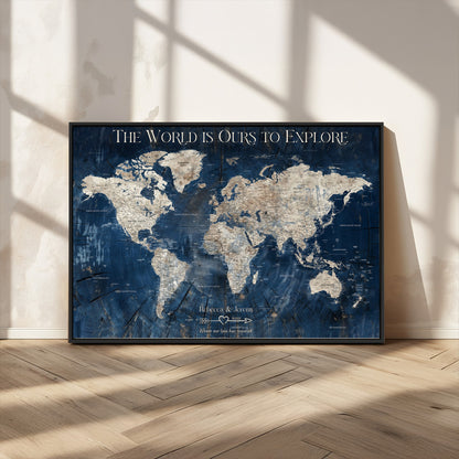 16933330-MGV-FC-36X24_Black-Personalized World Map Wall Art – Navy Blue Vintage Travel Map with Custom Names, Anniversary Gift for Couples Romantic Adventure