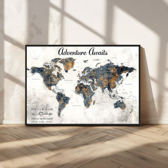 11751559-MGV-CV-36X24-Personalized World Map Wall Art – Elegant Adventure Travel Tracker Map for Couples & Families, Push Pin Canvas Poster Decor for Home, Office