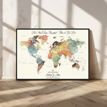 10311652-MGV-CV-36X24-Personalized World Map Wall Art - Watercolor Travel Map with Custom Names Minimalist Design for Couples&Families - Decor for Home,