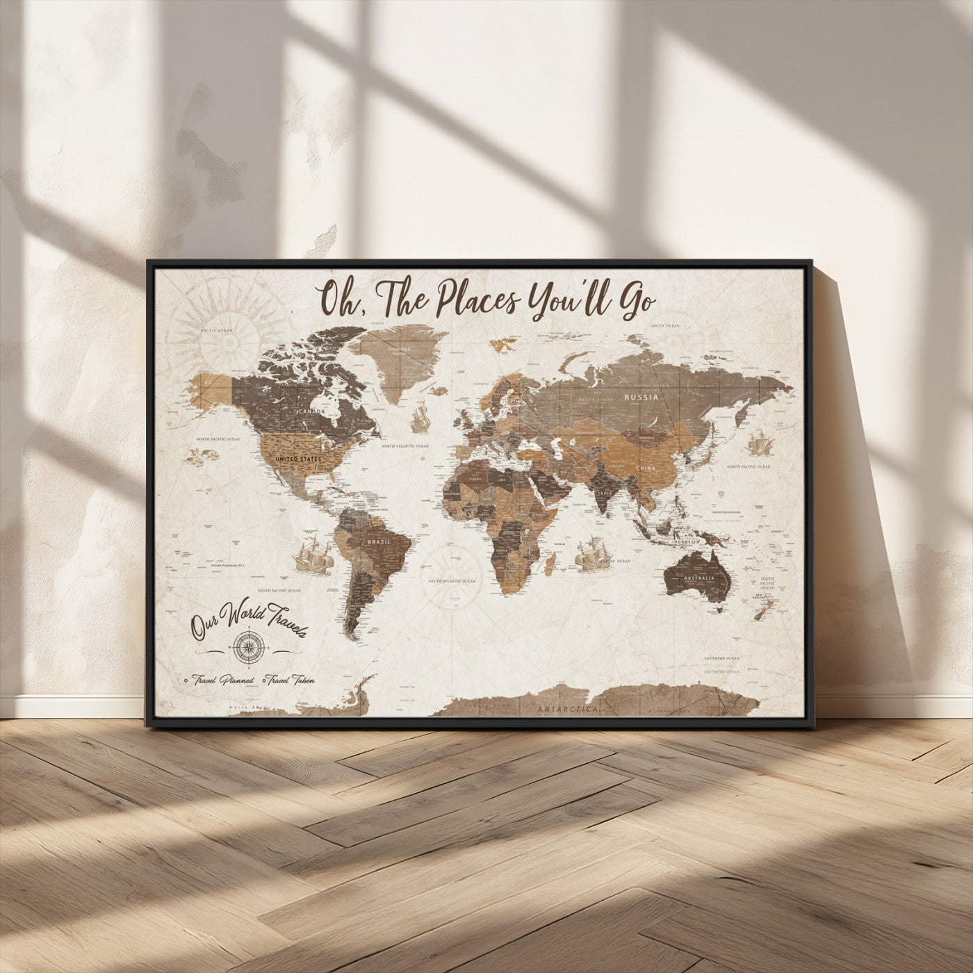 14140137-MGV-CV-36X24-Personalized World Map Wall Art – Vintage Nautical Adventure Map with Ships and Compass, Rustic Sepia Tones for Travel Lovers and