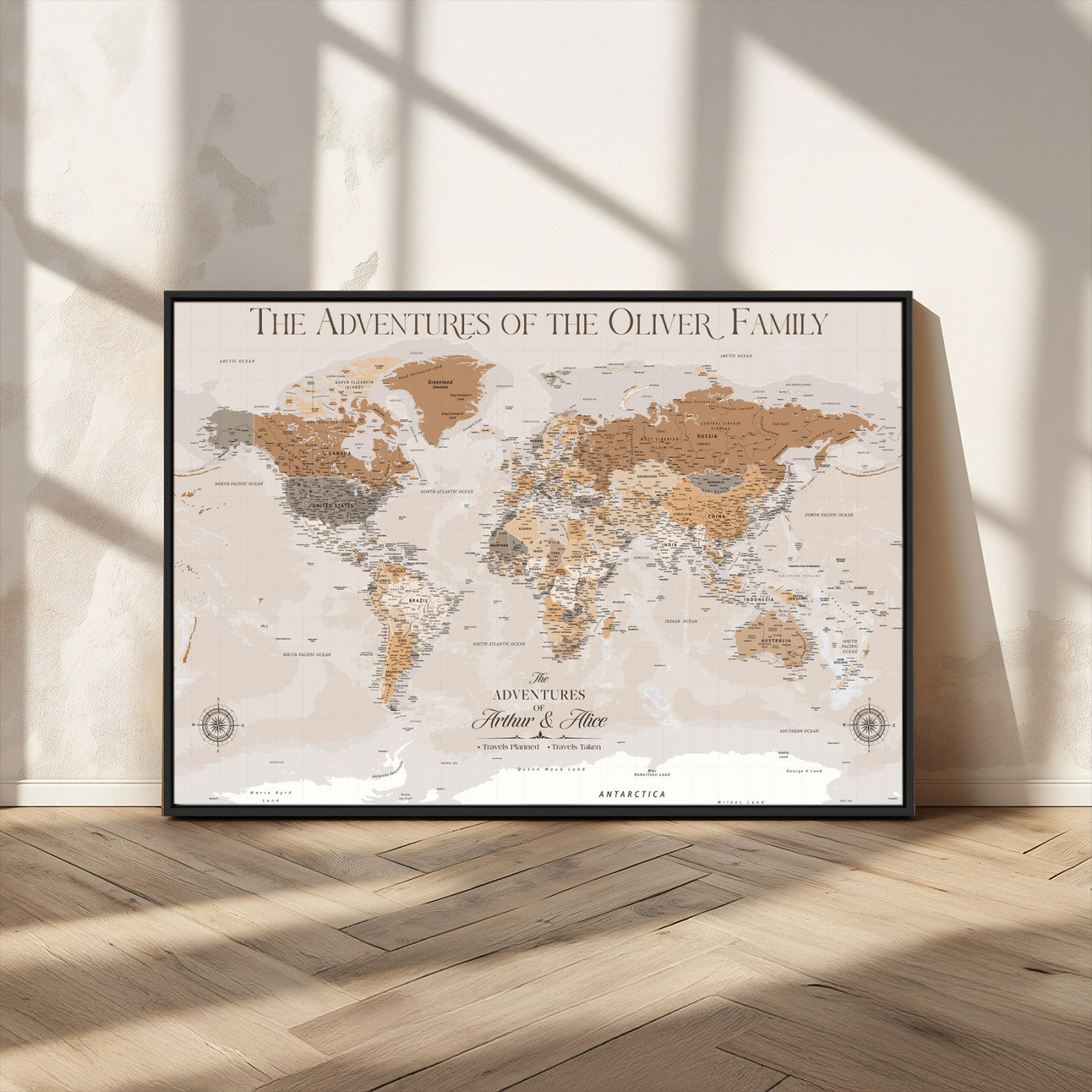 34289723-MGV-CV-36X24-Personalized World Map Wall Art – Elegant Beige and Brown Adventure Map Canvas Print for Family Home, Living Room, Study or Office