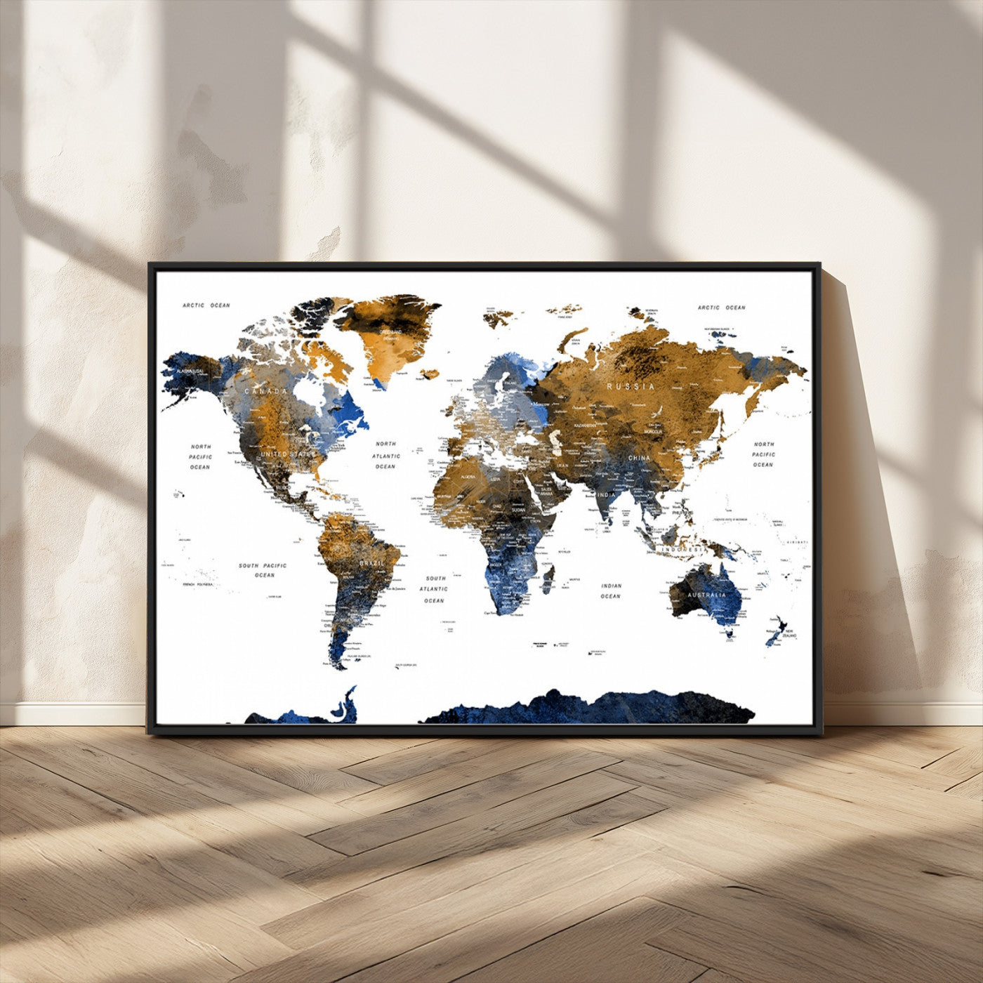 MGV-FC-36X24 - World Map Wall Art Canvas Print, Framed Blue Gold Map Art Picture Print, Rustic Atlas Perfect Rustic Modern Decor Artwork
