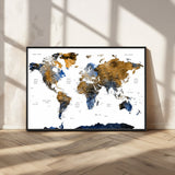 MGV-FC-36X24 - World Map Wall Art Canvas Print, Framed Blue Gold Map Art Picture Print, Rustic Atlas Perfect Rustic Modern Decor Artwork