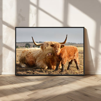 88780-MGV-CV-36X24-Highland Cow Wall Art Canvas Print, Framed Cow Calf Art Picture Print, Scottish Cattle Perfect Rustic Farmhouse Decor Artwork