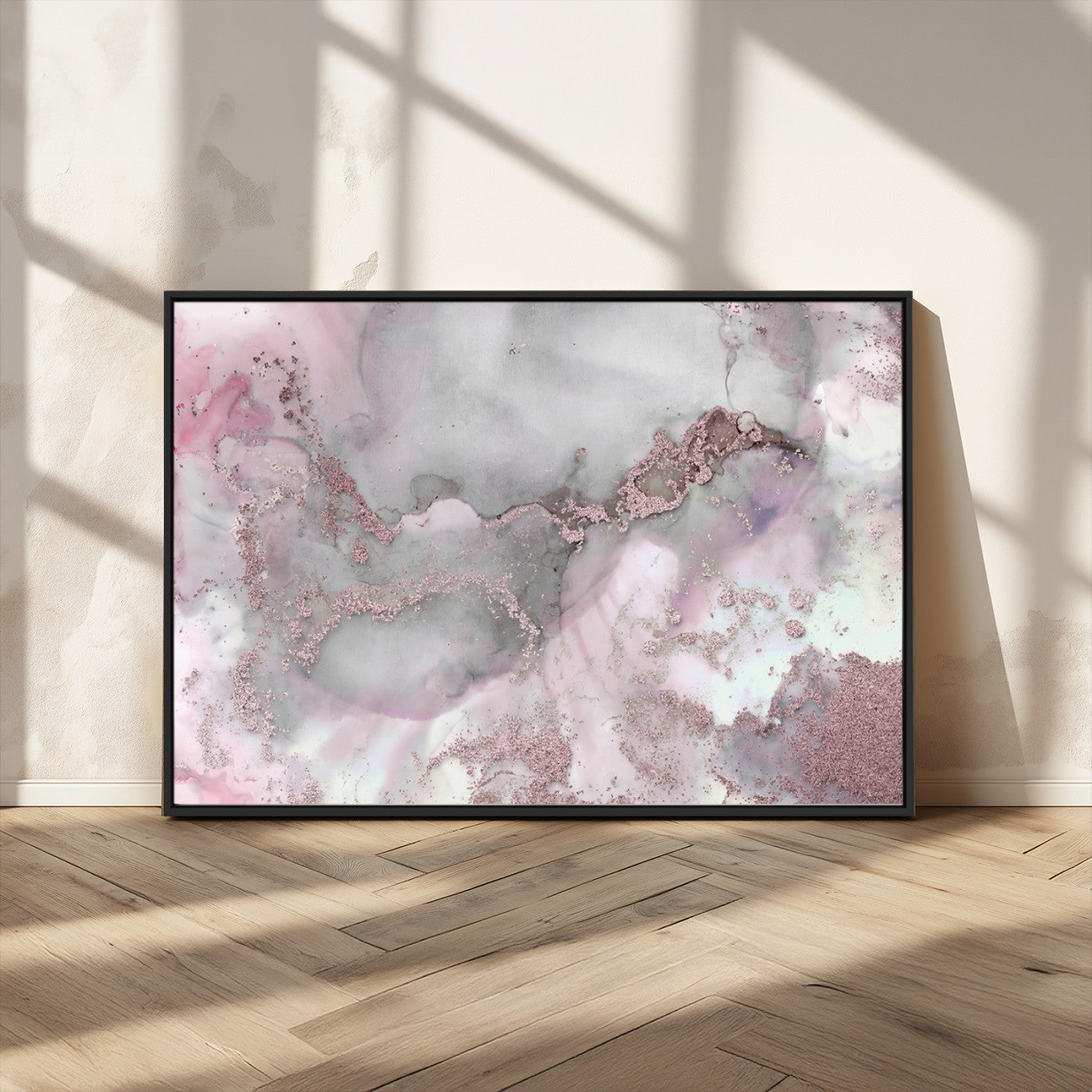 16416-MGV-FC-36X24_Black-Blush Marble Wall Art Canvas Print, Framed Rose Gold Art Picture Print, Pink Cloudy Perfect Modern Glam Decor Artwork