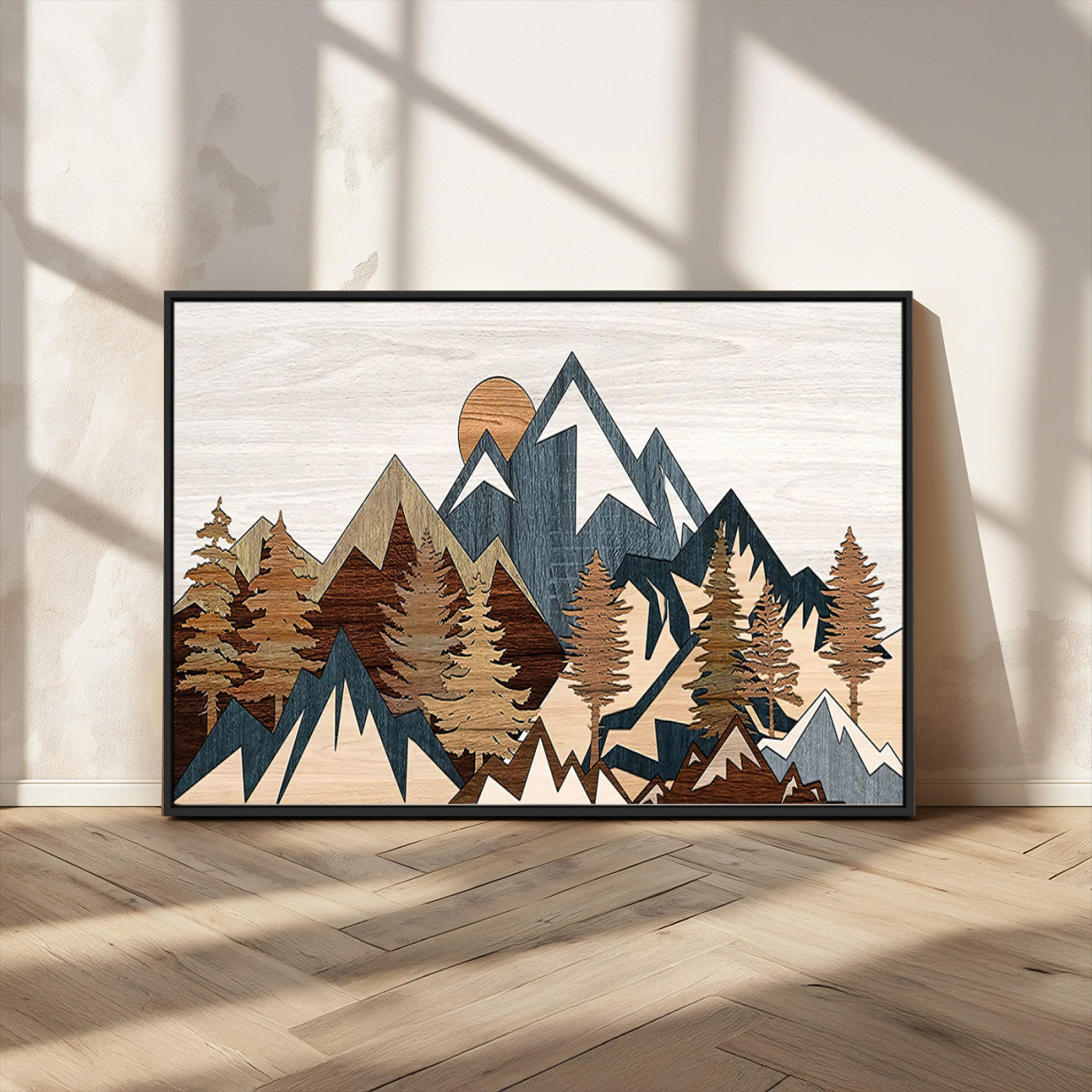 80300-MGV-CV-36X24-Geometric Mountains Wall Art Canvas Print, Framed Stylized Trees Art Picture Print, Graphic Forest Perfect Rustic Abstract Decor