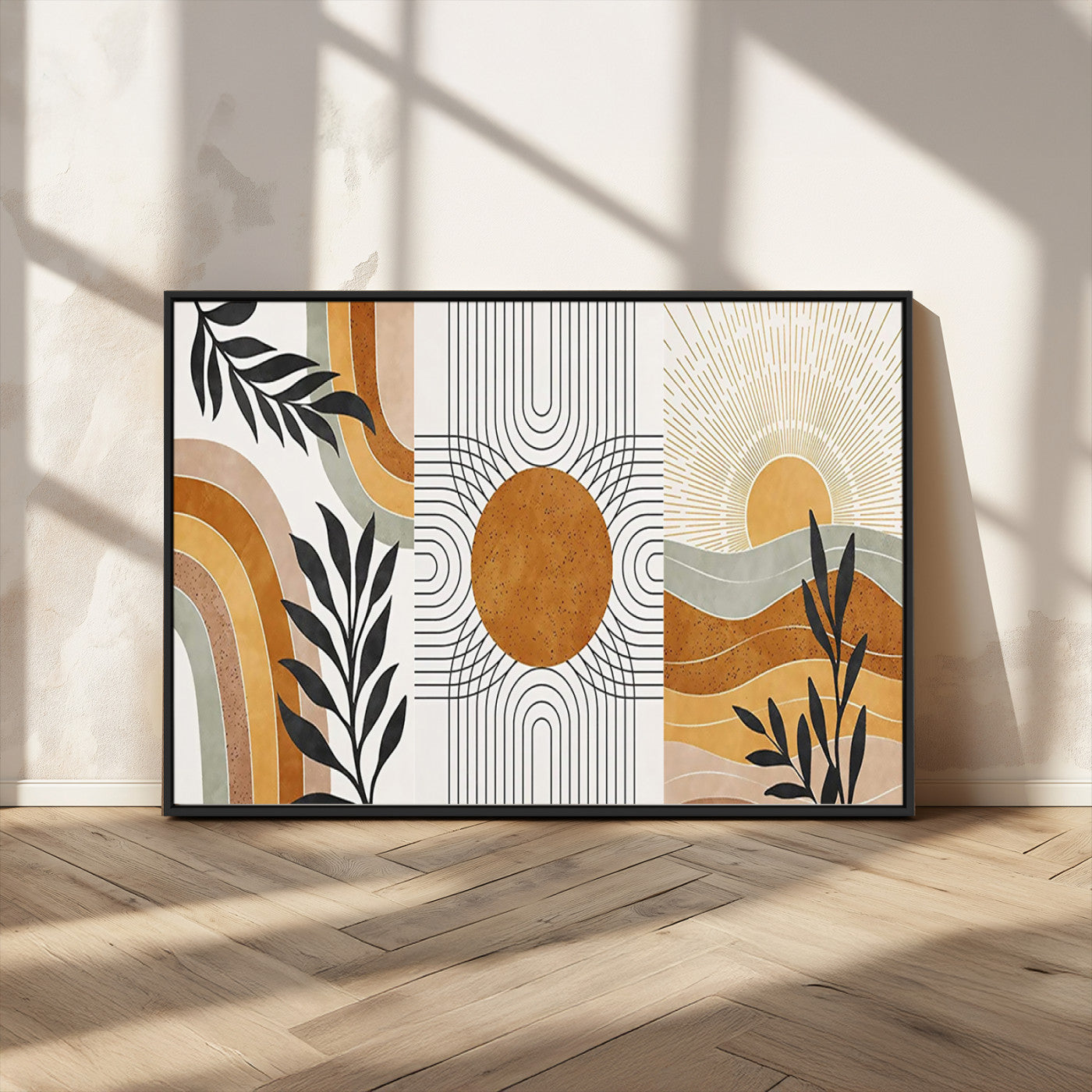 32359-MGV-CV-36X24-Modern Sun Wall Art Canvas Print, Framed Retro Horizon Art Picture Print, Sunburst Design Perfect Mid Century Boho Decor Artwork