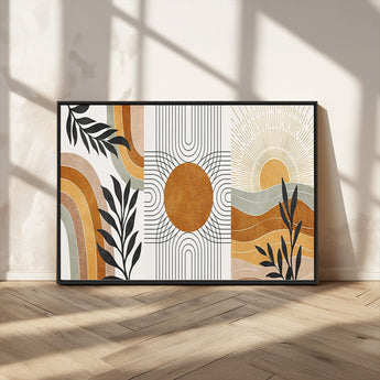 32359-MGV-CV-36X24-Modern Sun Wall Art Canvas Print, Framed Retro Horizon Art Picture Print, Sunburst Design Perfect Mid Century Boho Decor Artwork