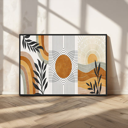 32359-MGV-CV-36X24-Modern Sun Wall Art Canvas Print, Framed Retro Horizon Art Picture Print, Sunburst Design Perfect Mid Century Boho Decor Artwork