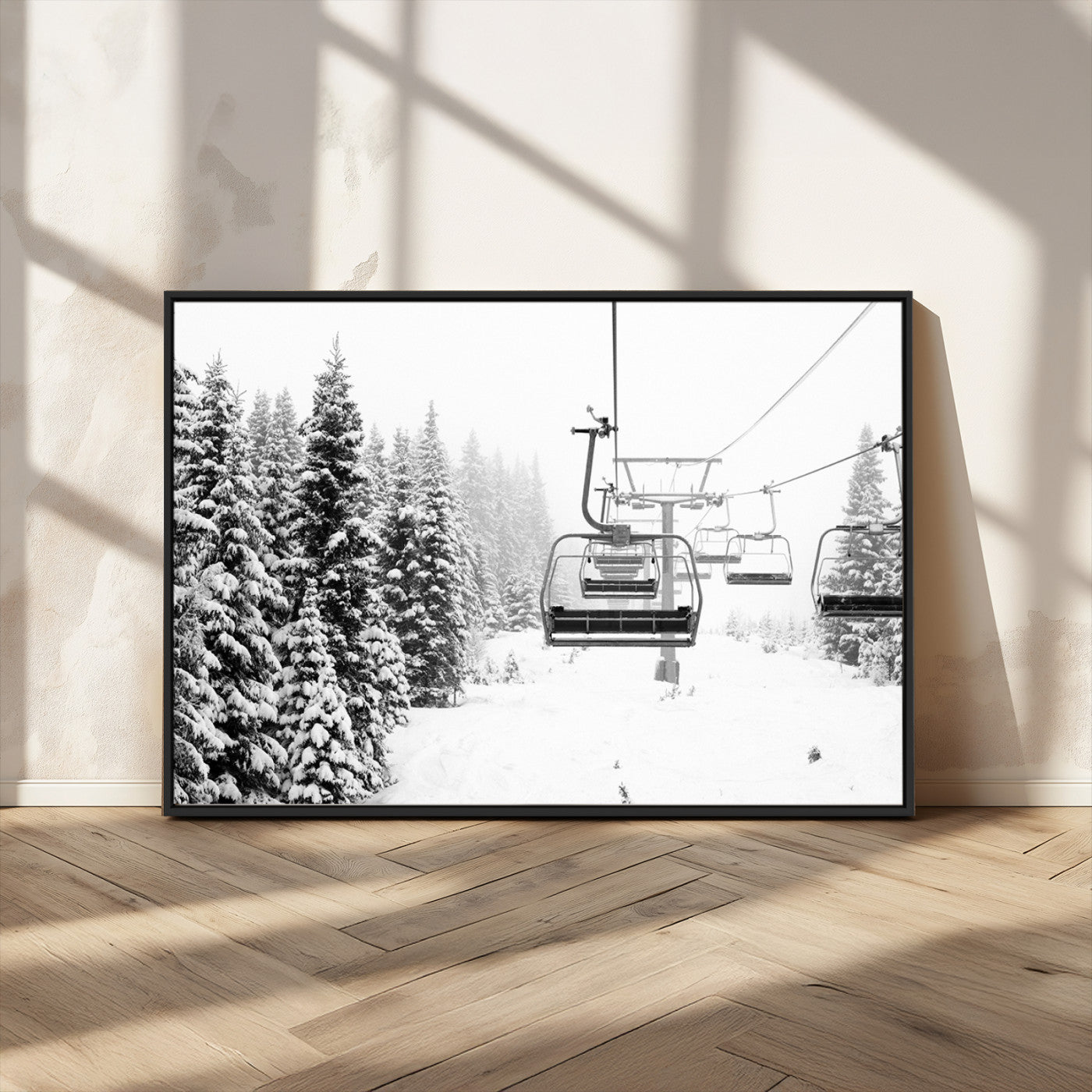 49274-MGV-CV-36X24-Snowy Forest Wall Art Canvas Print, Framed Ski Lift Art Picture Print, Mountain Snow Perfect Minimal Winter Lodge Decor Artwork